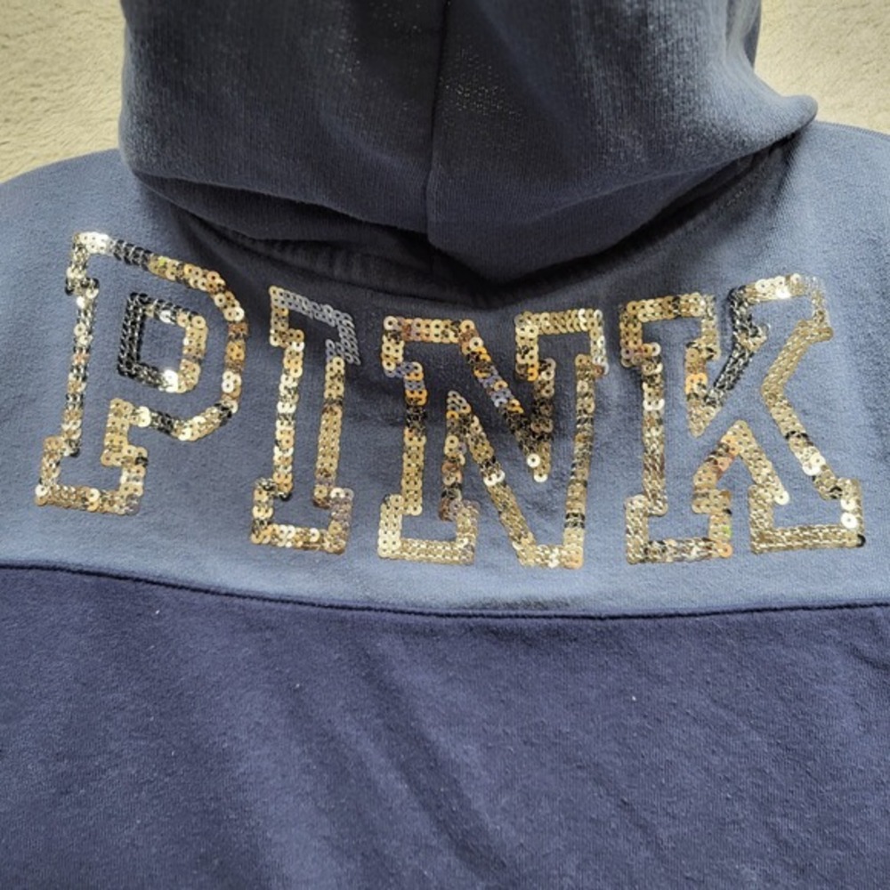 PINK Victoria's Secret Women‎ Sweatshirt Small Blue Logo Campus Sequins Hoodie